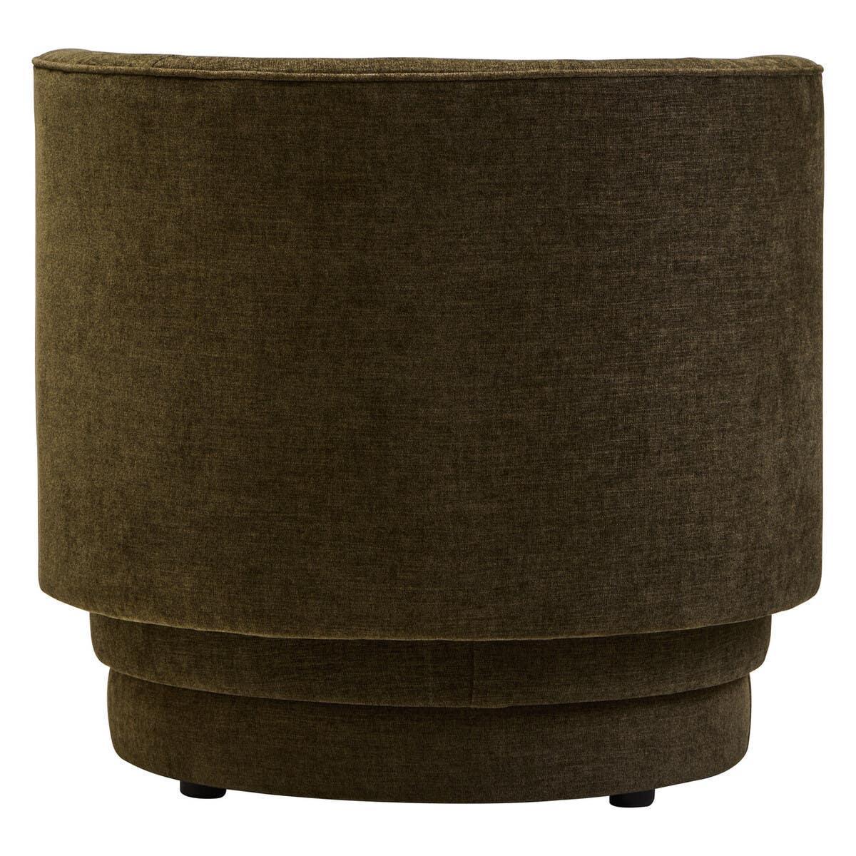 Brown fabric armchair rear view showing curved back and upholstered base