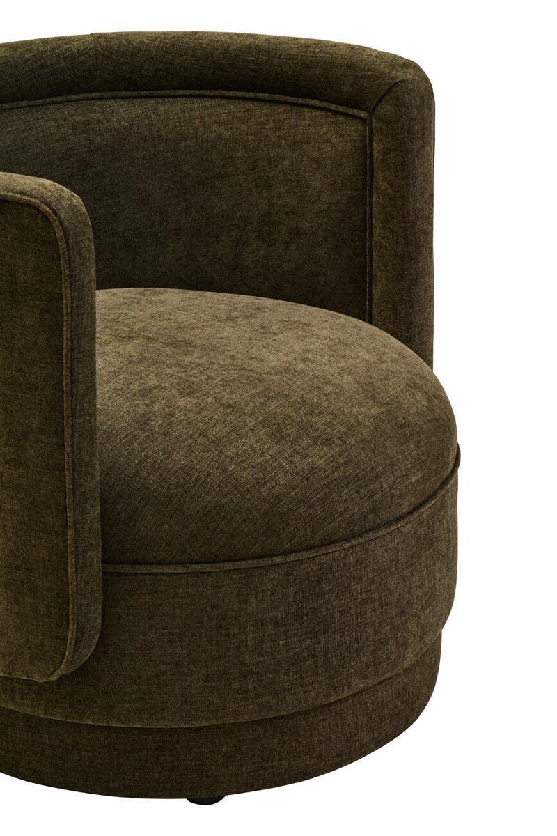 Olive green fabric swivel chair with curved backrest and padded seat, close-up side view