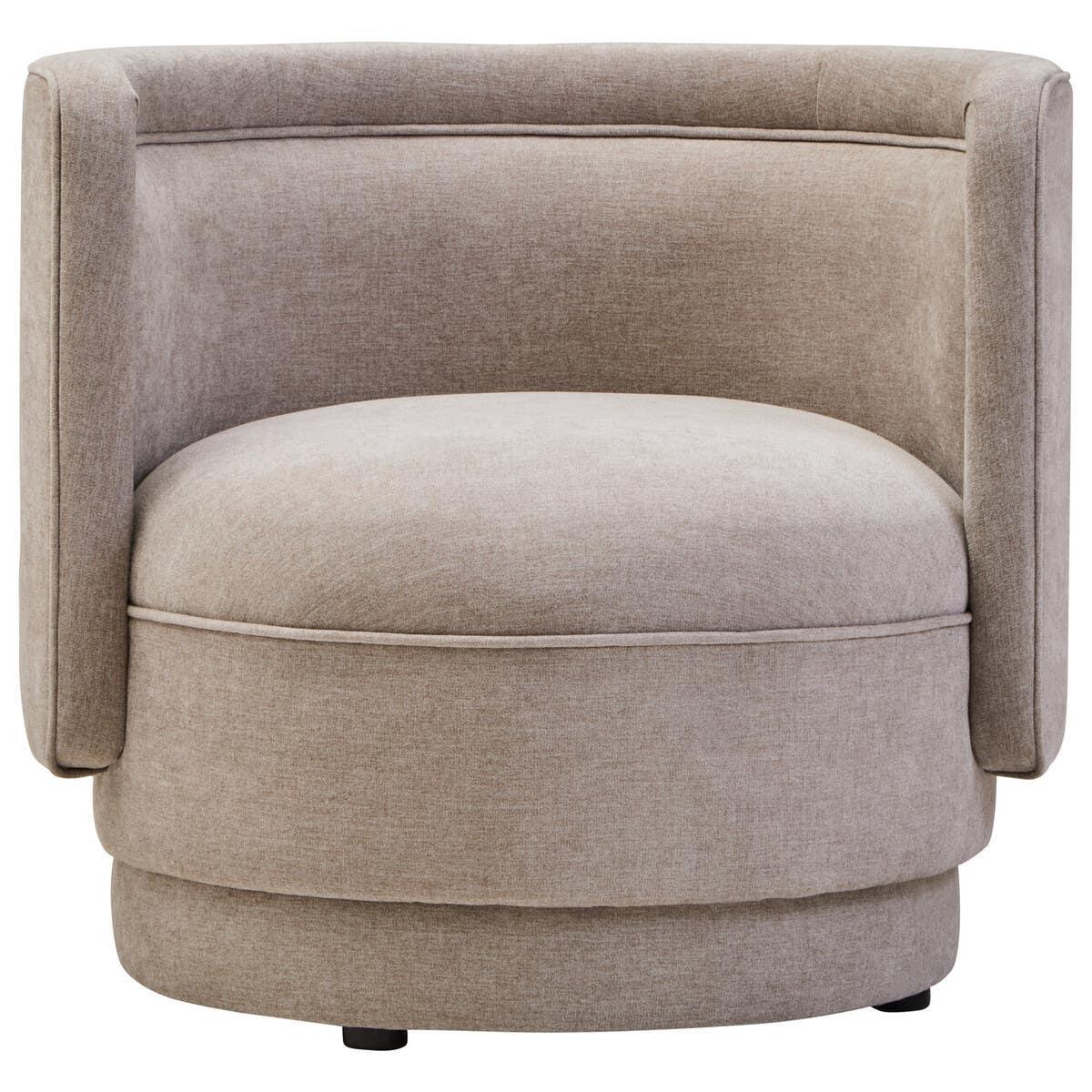 Beige fabric swivel accent chair with rounded backrest and padded seat, front view
