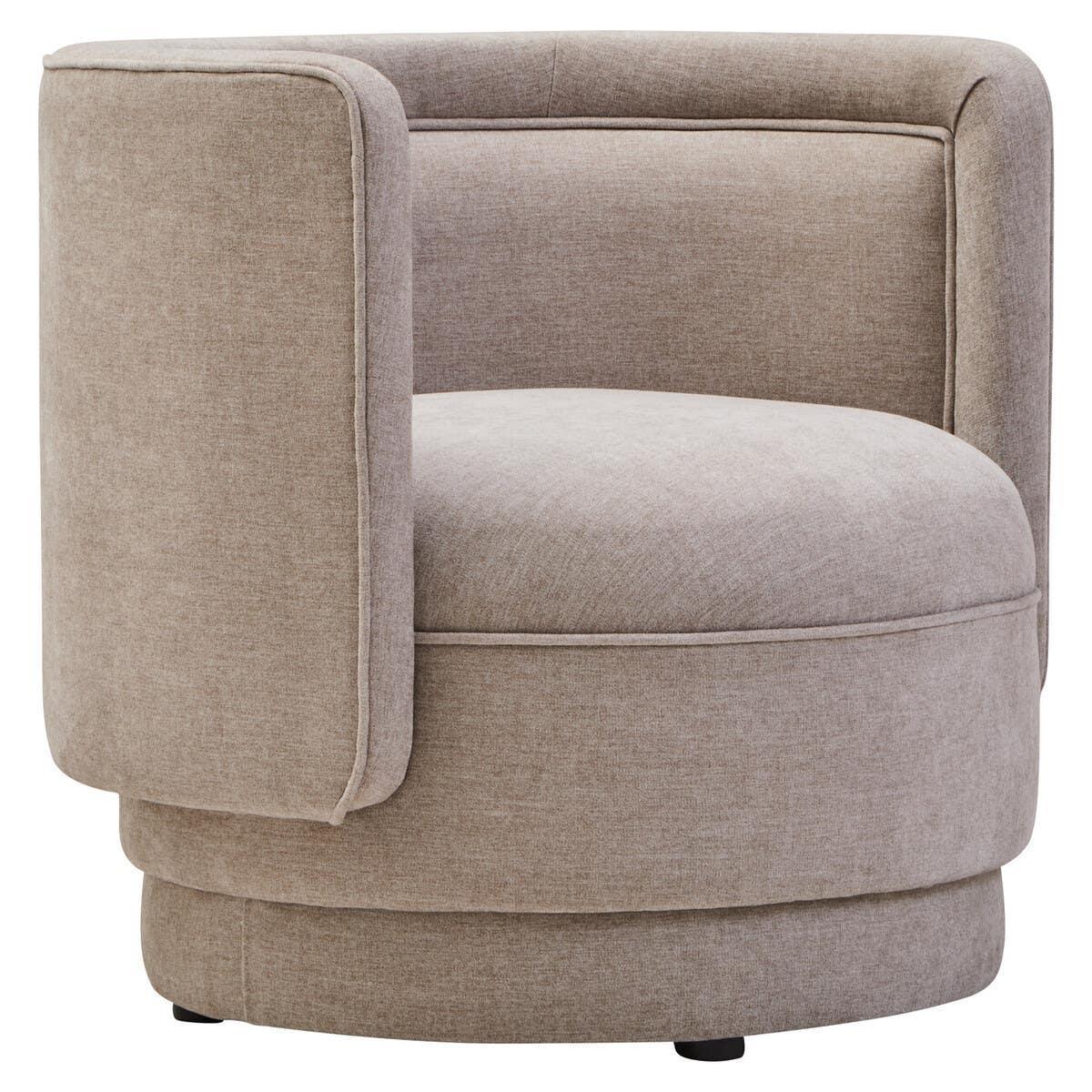 Beige upholstered swivel accent chair with curved back and soft fabric finish