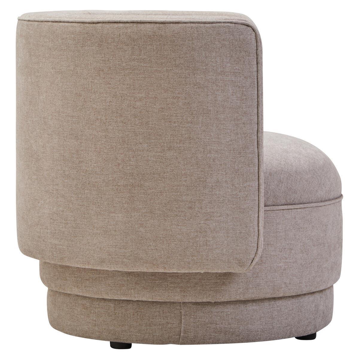 Beige fabric swivel accent chair with curved backrest, rear side view