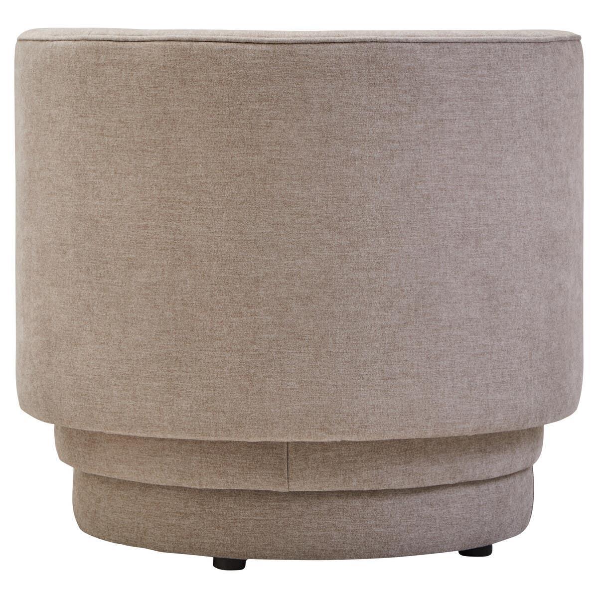 Beige fabric swivel chair rear view with rounded back and smooth upholstery