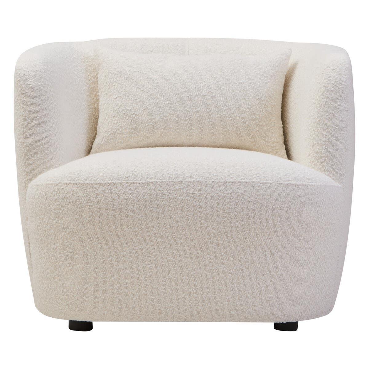 Cream boucle armchair with curved backrest and matching cushion, front view
