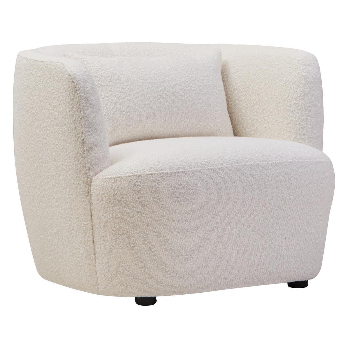 Cream boucle accent chair with curved backrest and black feet on white background