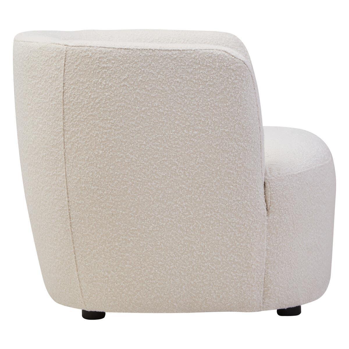 Beige boucle accent chair rear view showing curved back and soft fabric texture