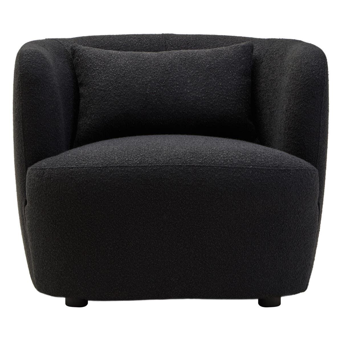 Black boucle accent chair with curved back and matching cushion, front view