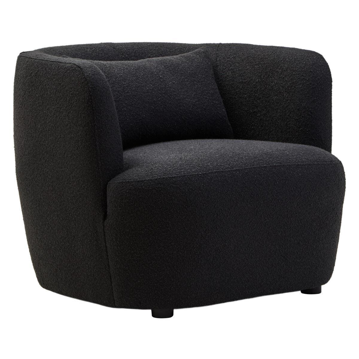 Black boucle armchair with curved backrest and matching cushion, front angle view