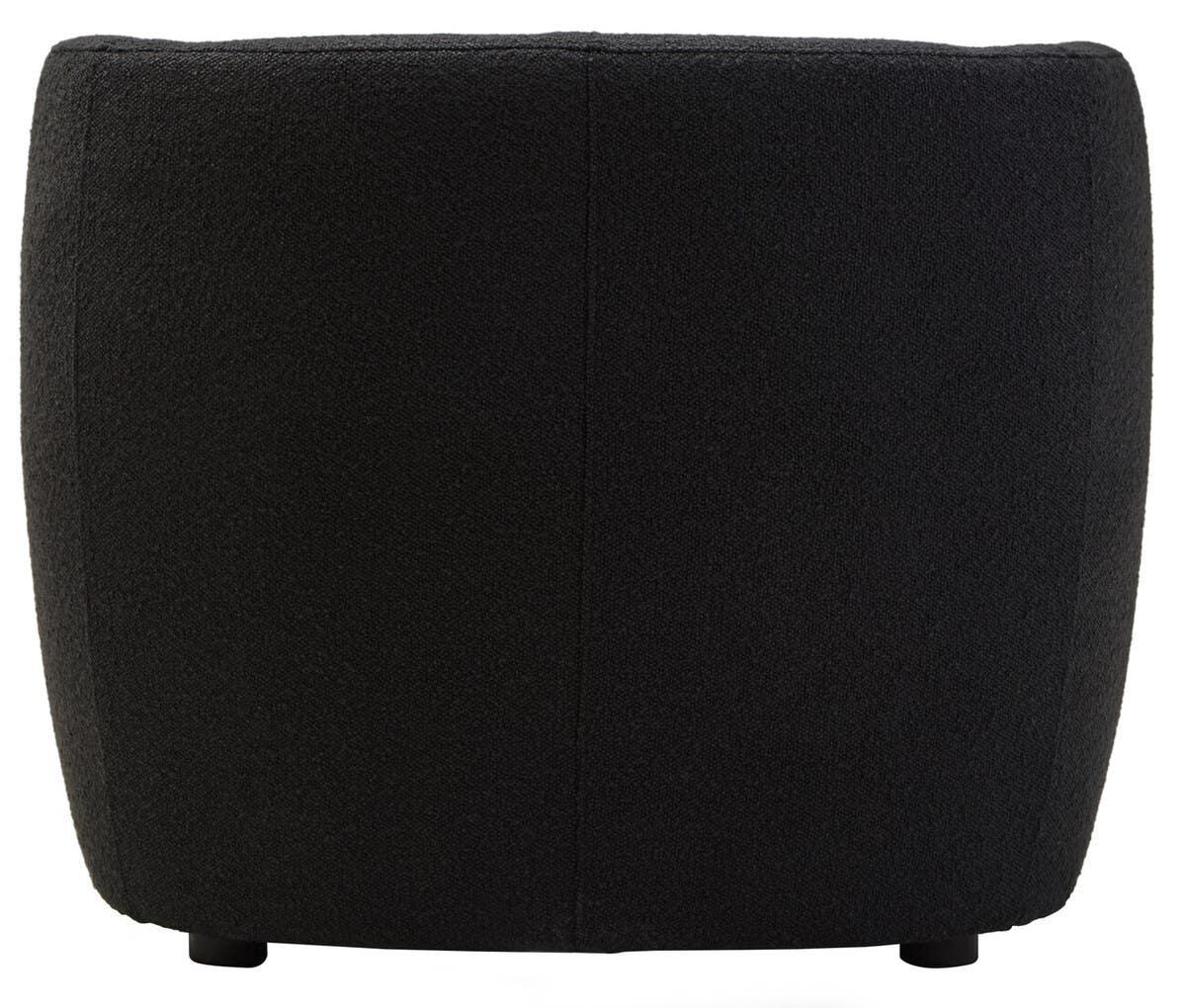 Back view of black fabric ottoman with rounded edges and short legs