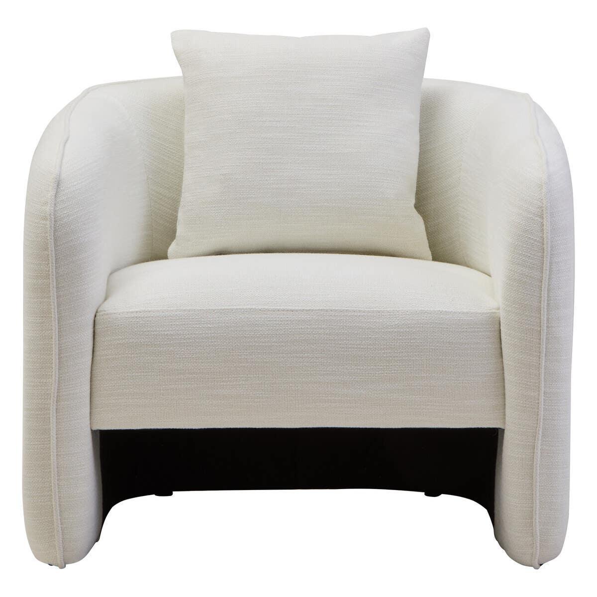 Ivory fabric armchair with rounded arms and matching cushion, front facing view