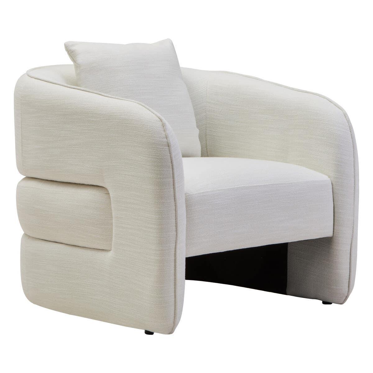 Modern cream fabric armchair with plush cushion and curved armrests, angled front view