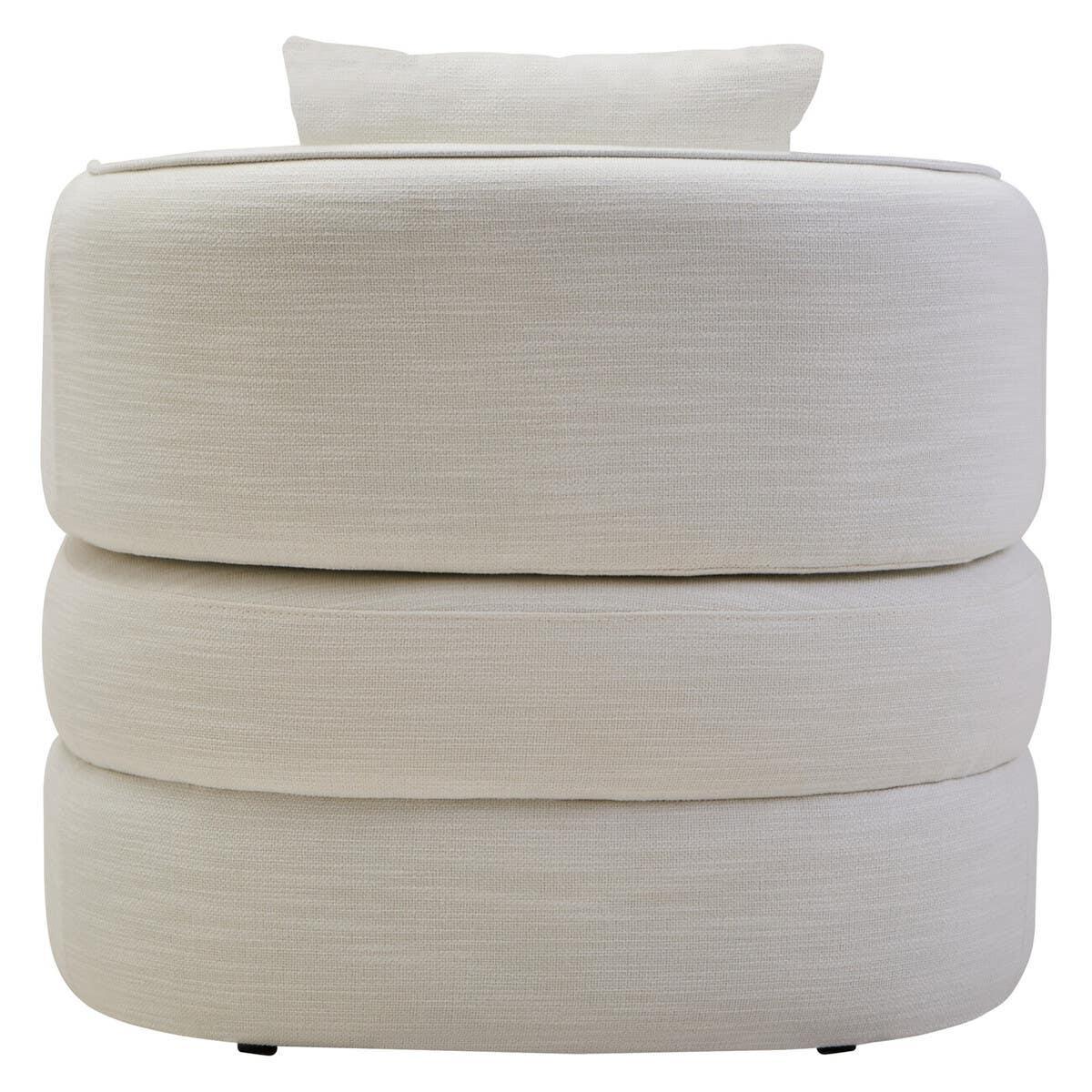 Beige round swivel chair with textured fabric and matching cushion, front view