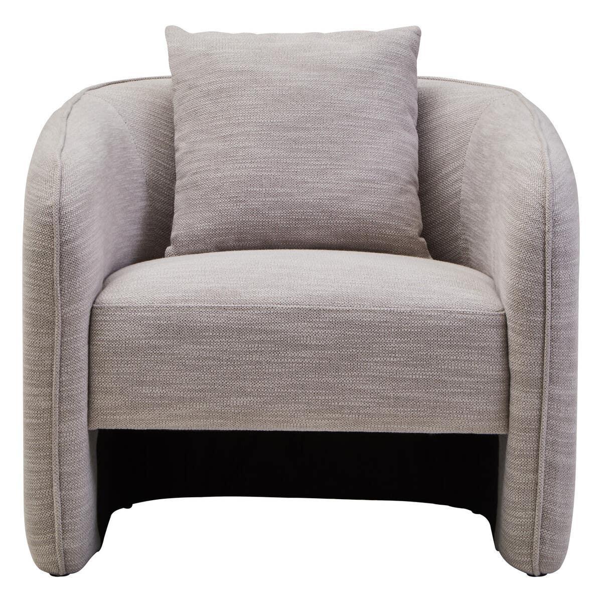 Light grey fabric armchair with curved arms and matching cushion, front angle view