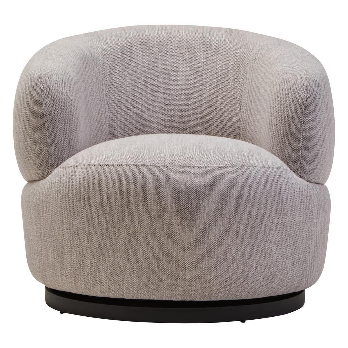 Beige fabric swivel chair with rounded backrest and black base, front view