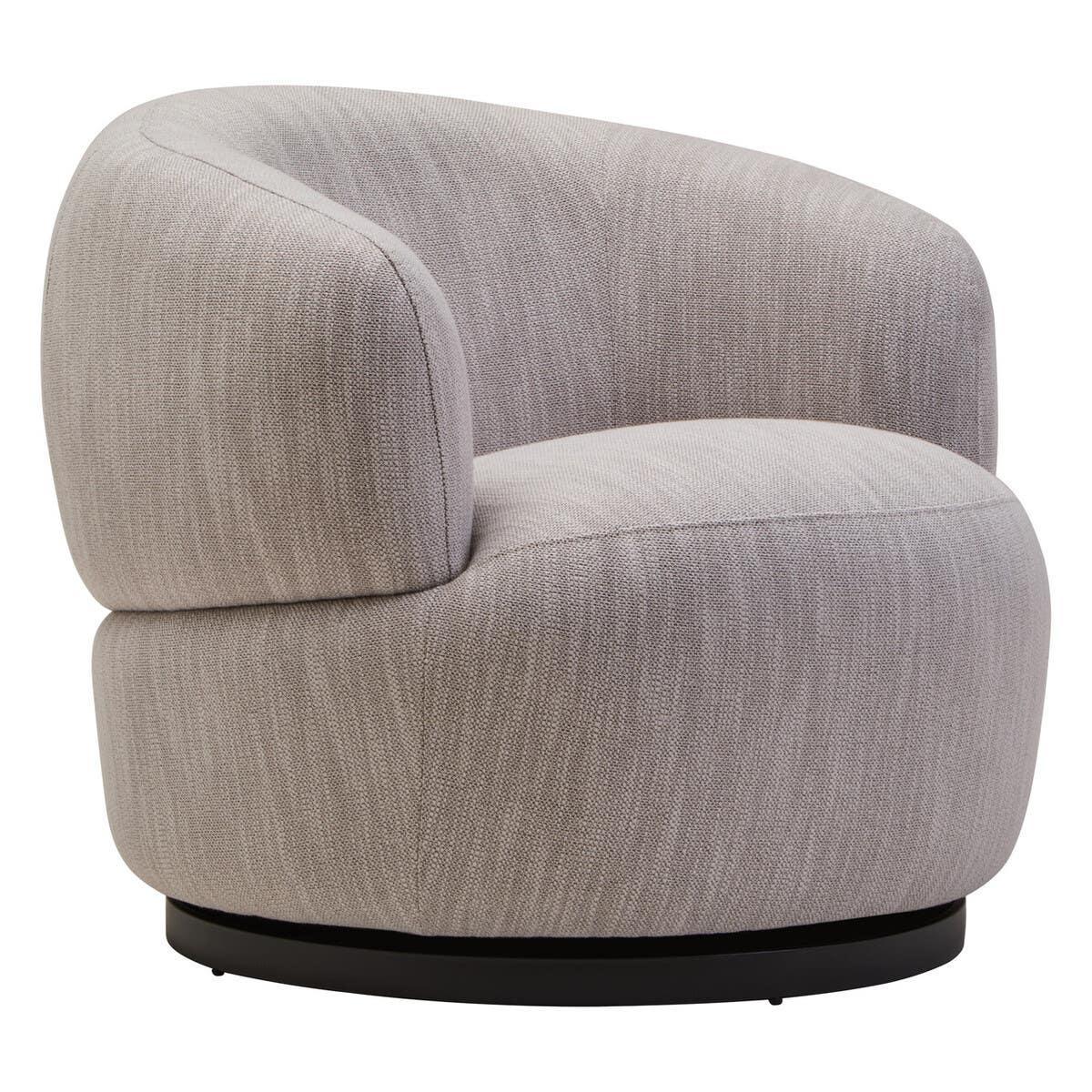 Light grey swivel accent chair with curved backrest and black base