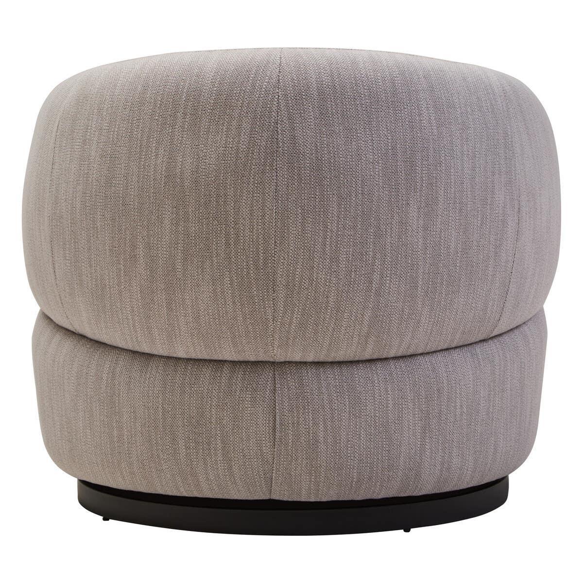 Light grey fabric ottoman with rounded shape and black base, side angle view