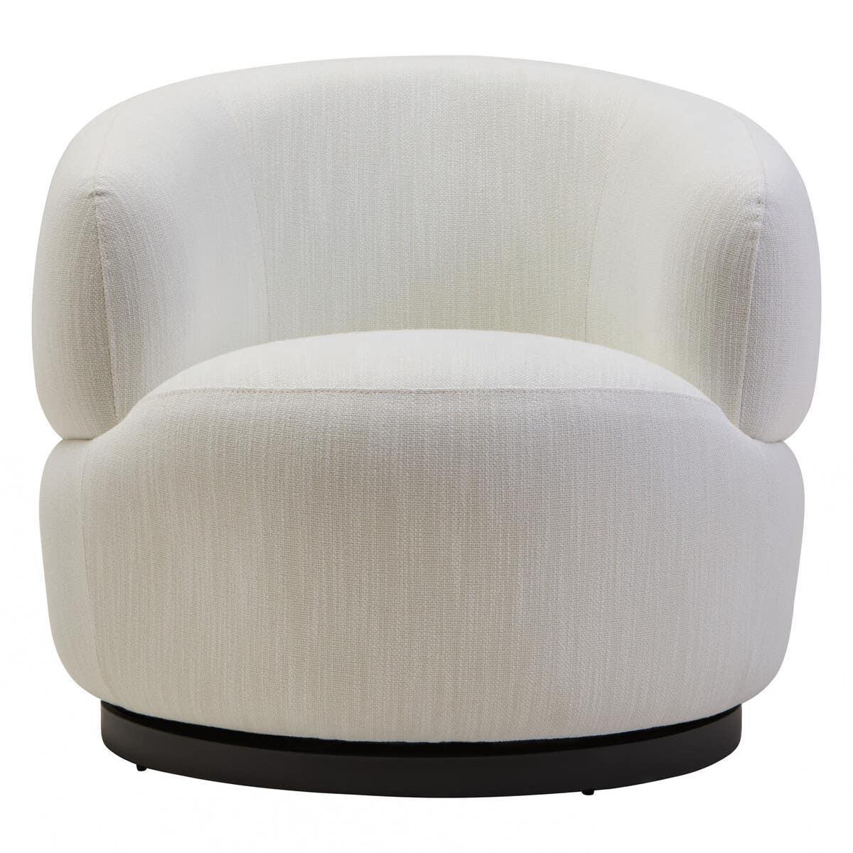 Cream fabric swivel accent chair with curved backrest and black base, front view