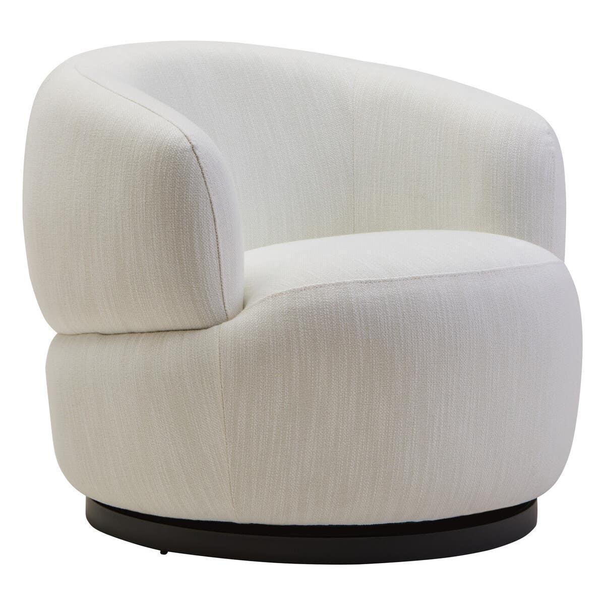 Modern cream swivel accent chair with curved back and black base