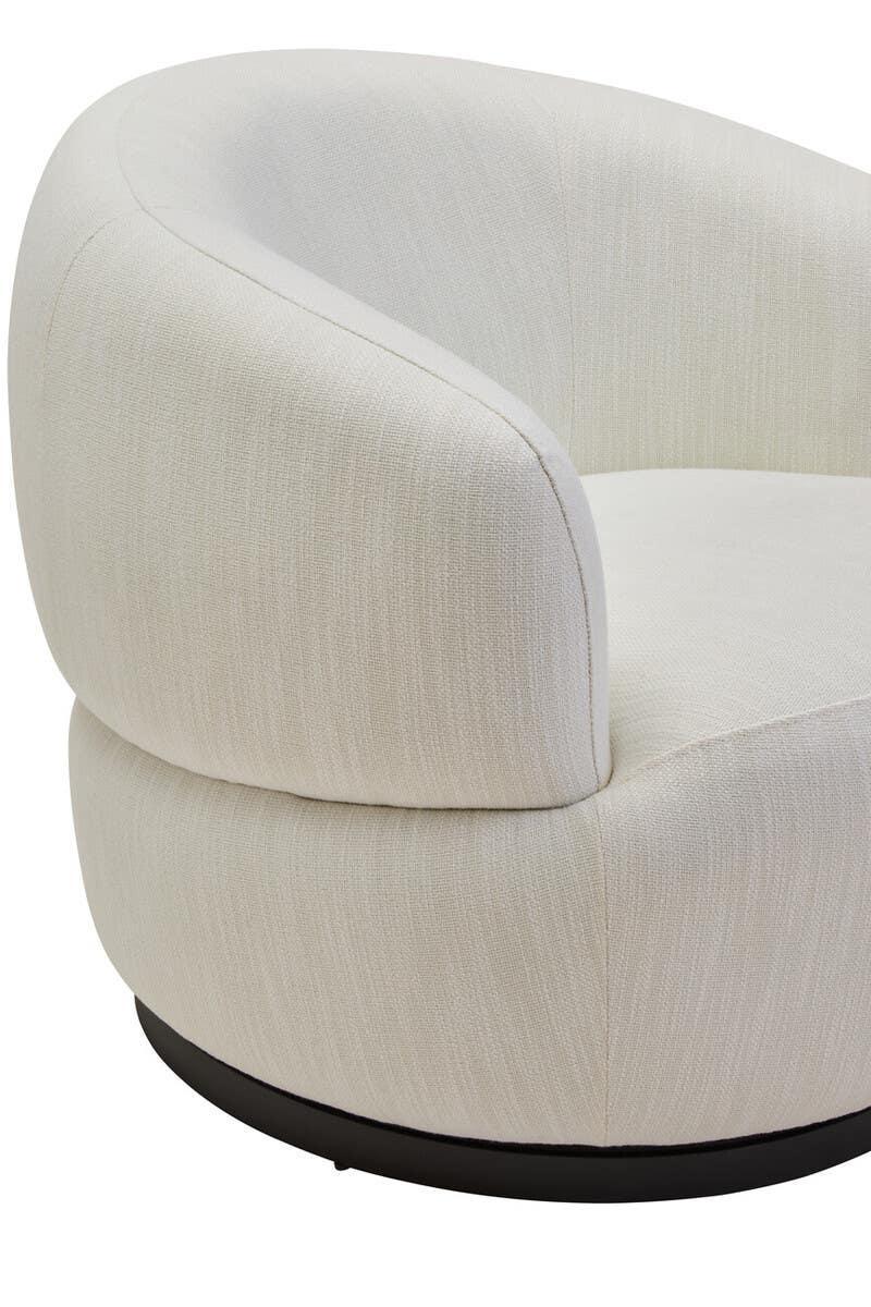 Cream swivel accent chair with rounded backrest and textured upholstery on black base