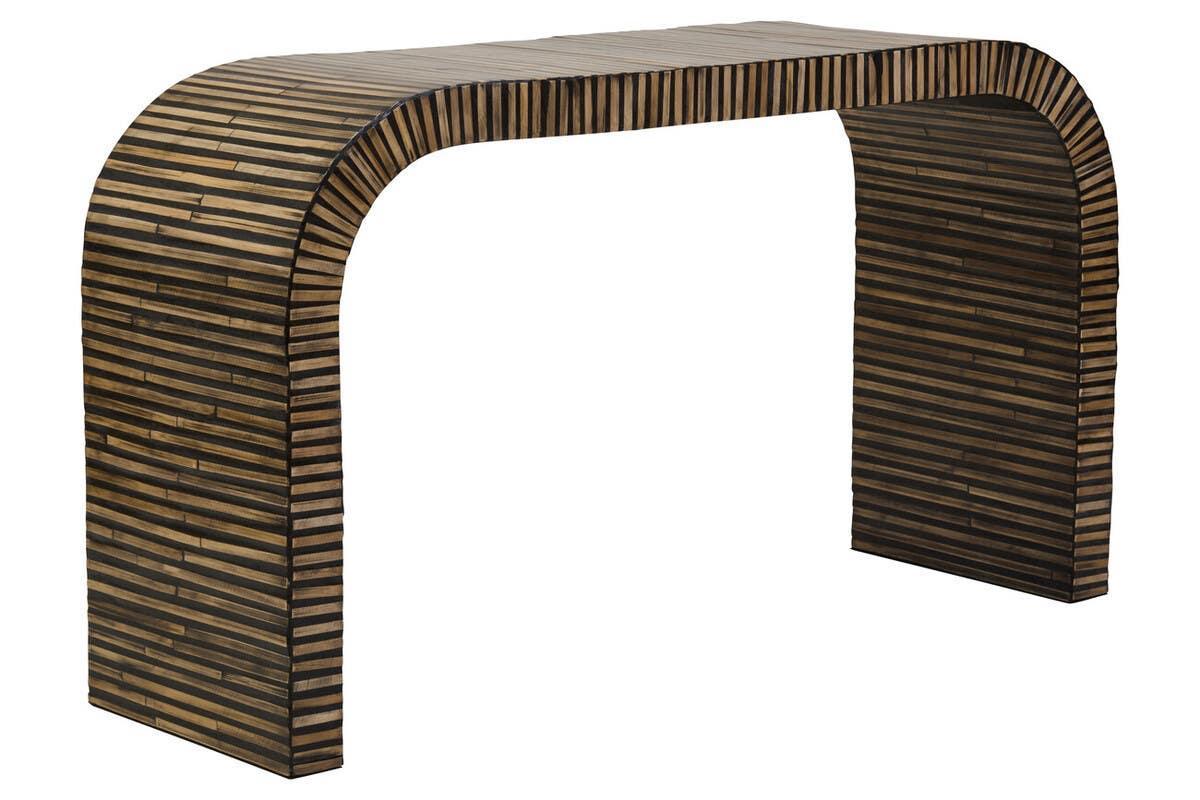Curved wood console table with striped pattern in natural and dark brown