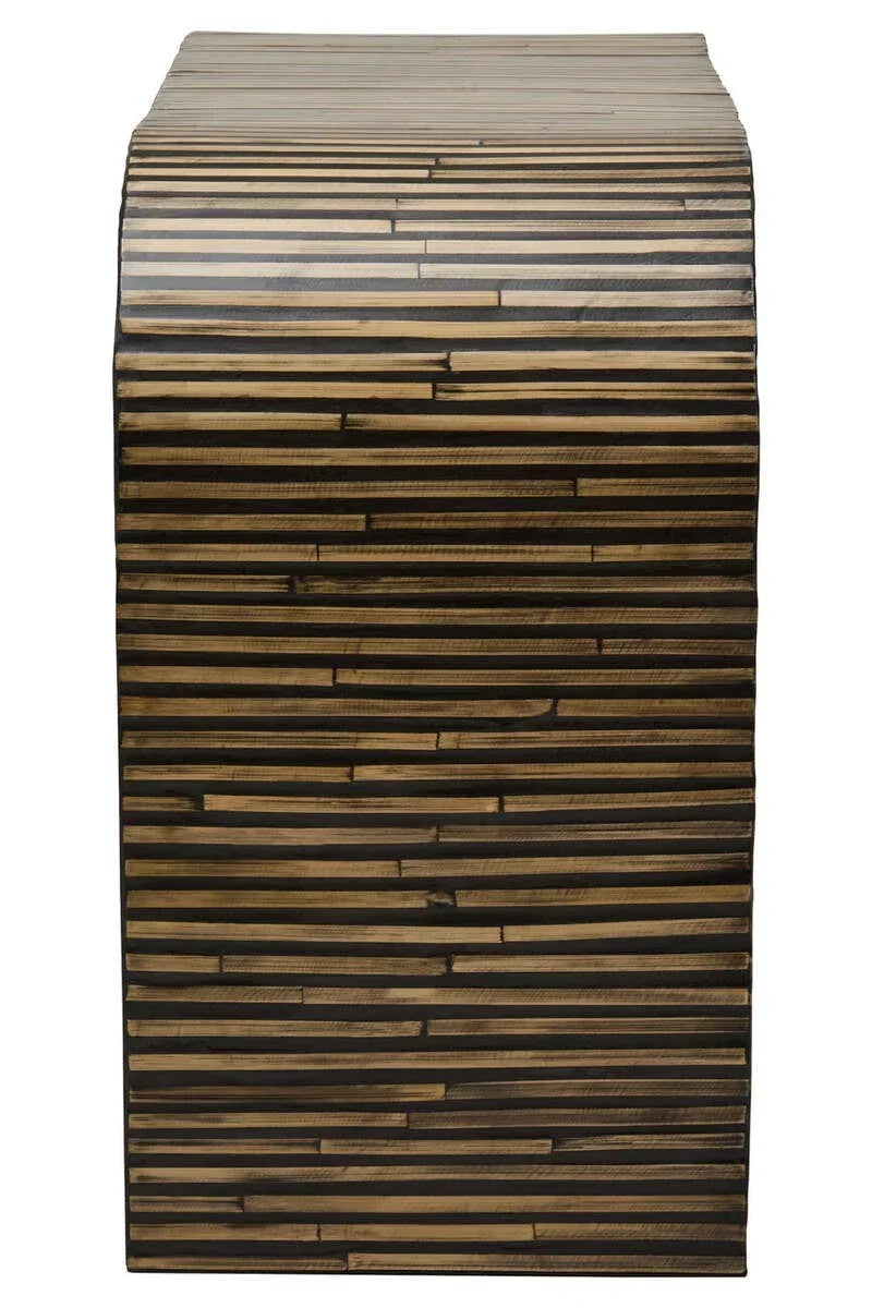 Rectangular wooden side table with horizontal striped pattern, straight-on view