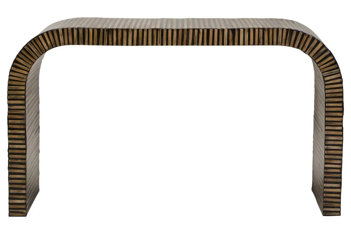 Striped wood console table with rounded edges and modern design, front view on white background