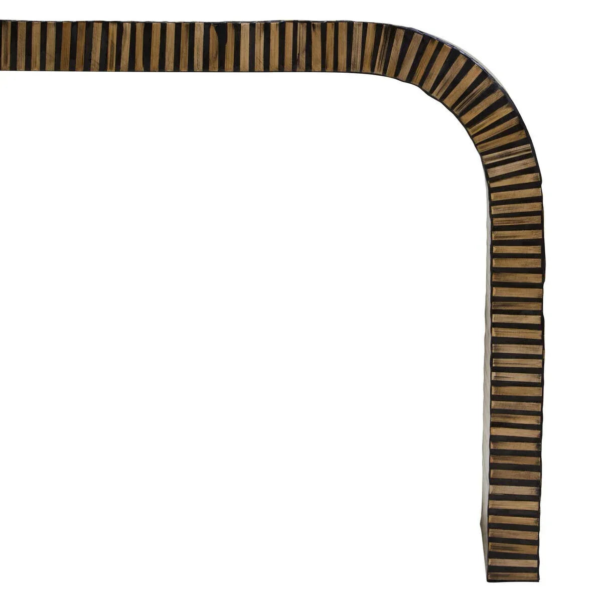 Striped wood mirror frame with rounded corner, close-up detail, modern home decor