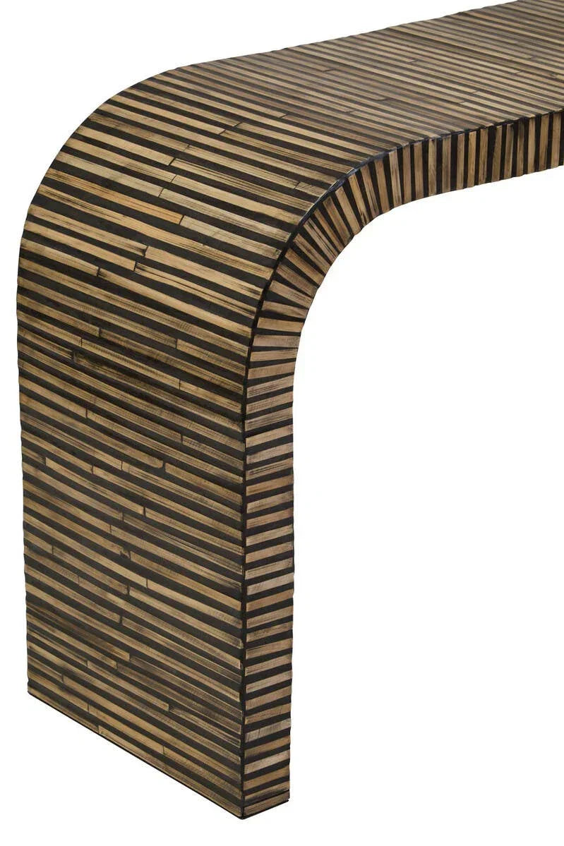 Modern wooden console table with striped geometric inlay and curved corner