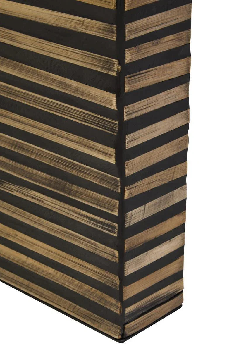 Striped wooden furniture corner with natural and black diagonal lines