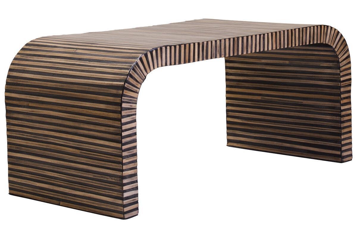 Striped wood desk with curved edges and modern design