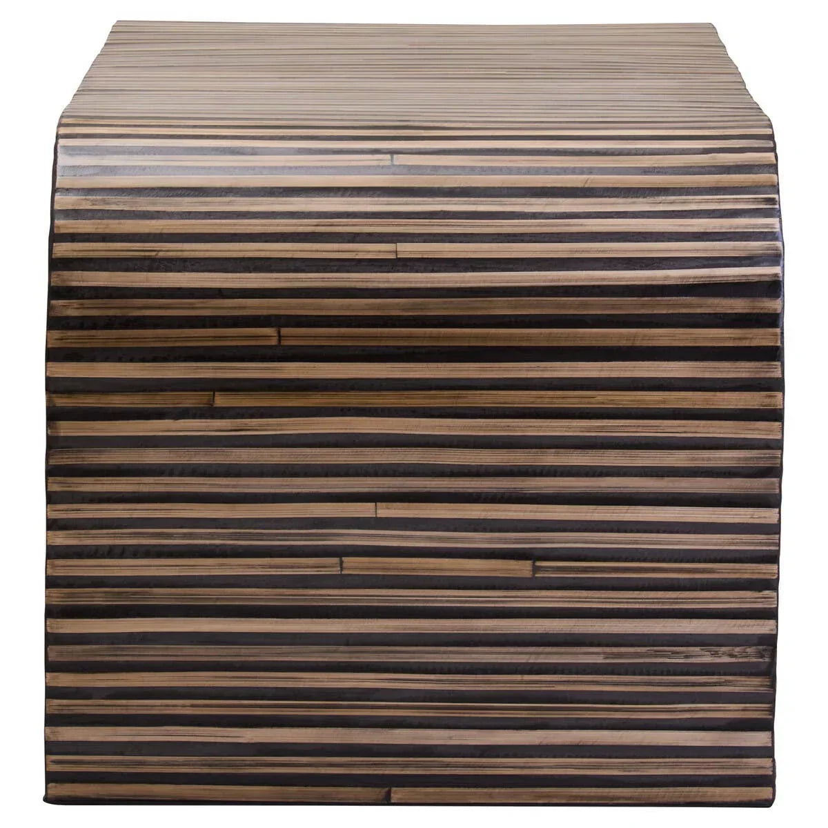 Striped wood coffee table with curved edge, front view emphasizing modern horizontal grain