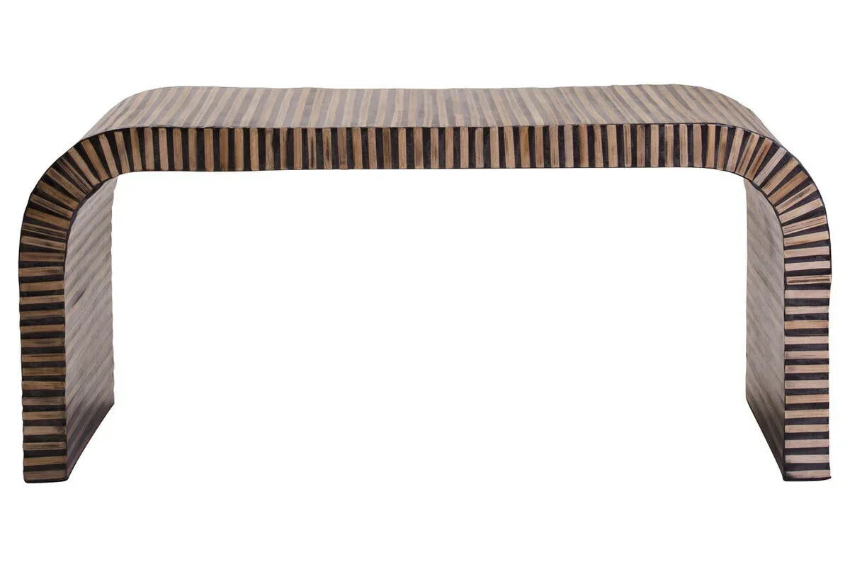 Striped wooden bench with curved sides and modern design, straight front view