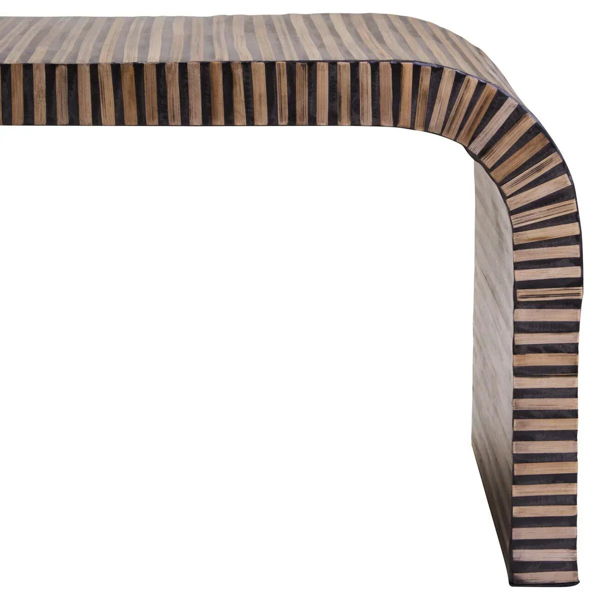 Striped wood console table with curved edge and natural finish, side angle view