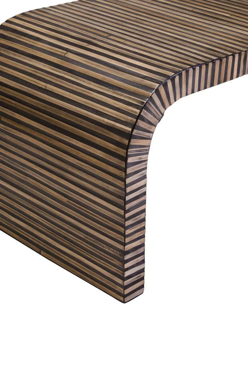 Striped wood coffee table with curved edge and modern design