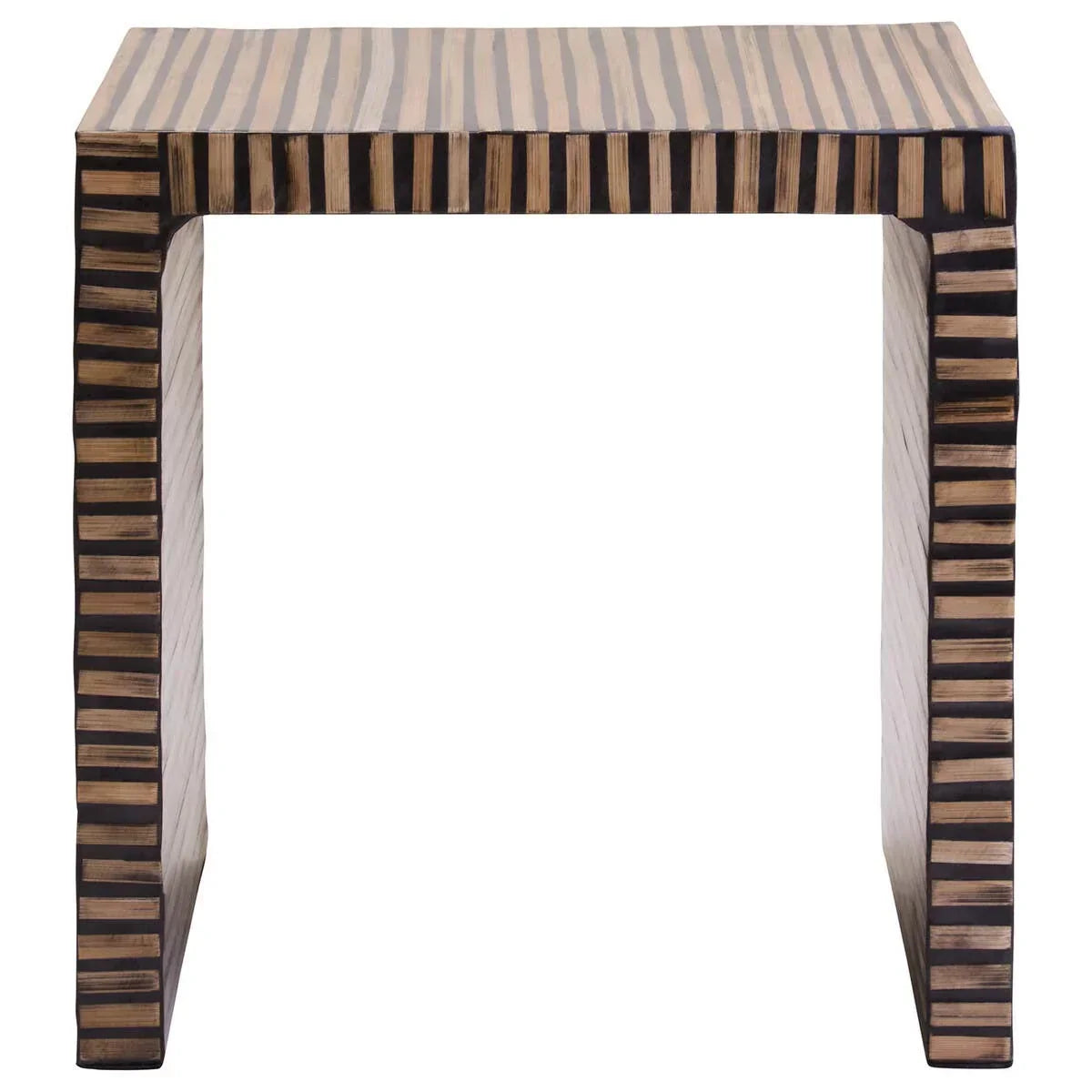 Striped wood side table with rectangular top and U-shaped legs, front view