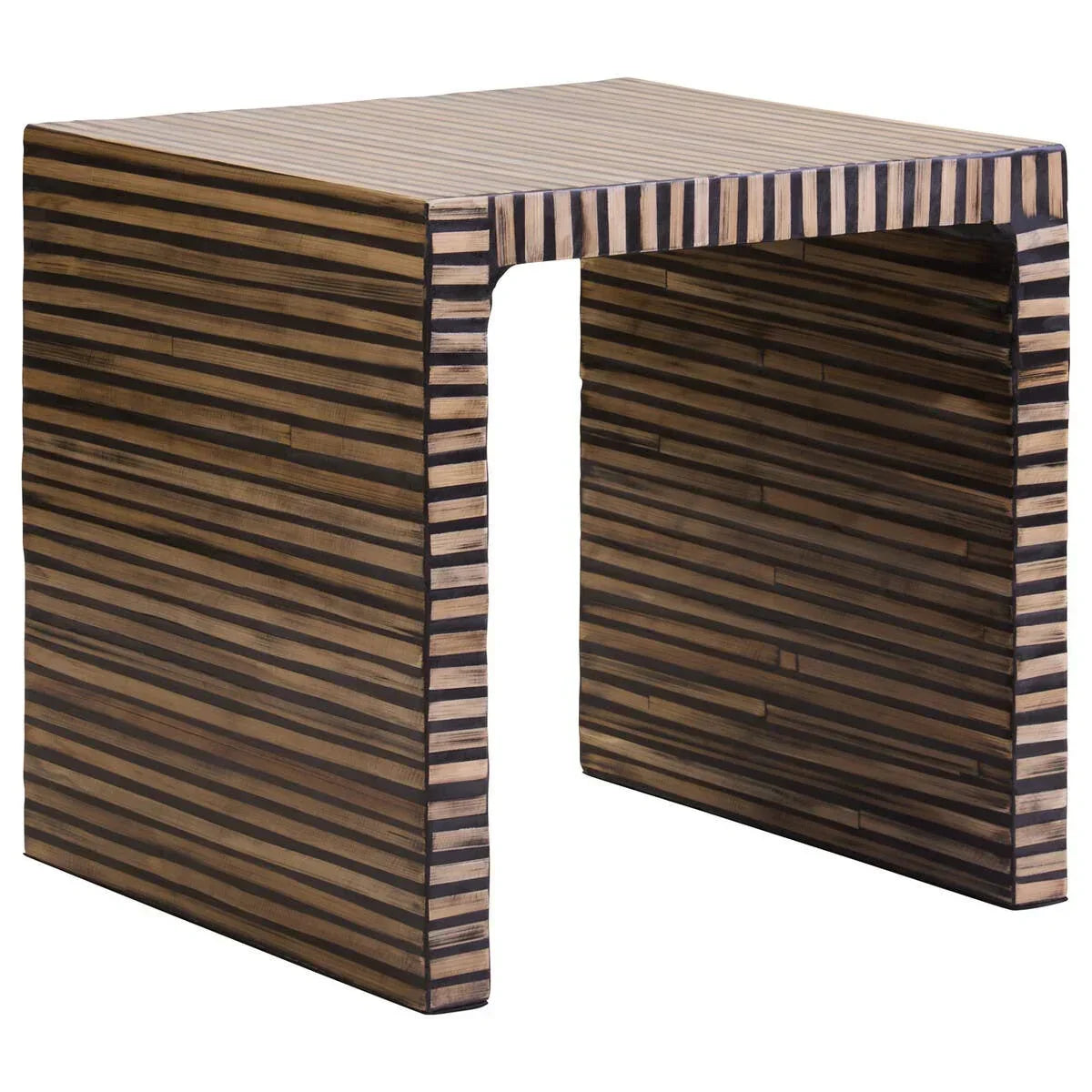 Brown striped accent side table with rectangular shape and modern block design