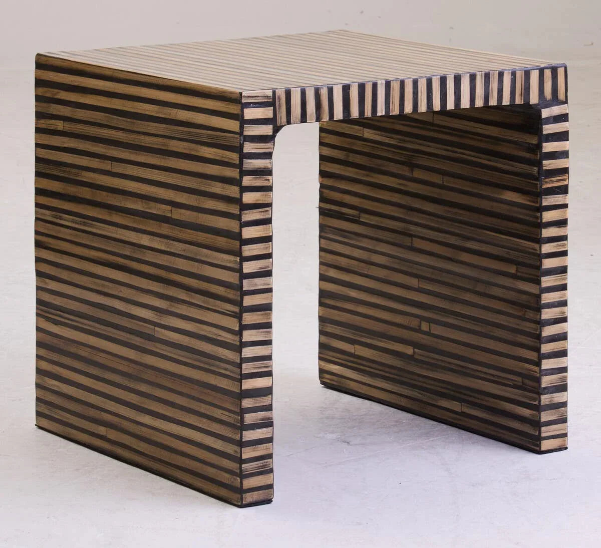 Striped wood side table with modern rectangular design and black brown finish