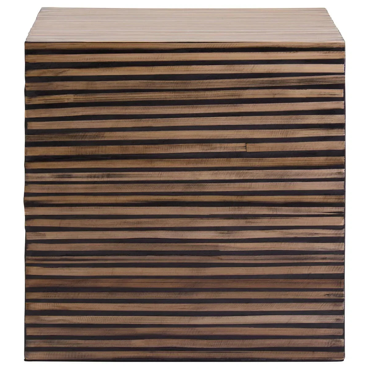 Striped wooden side table with natural and dark wood horizontal lines, front view