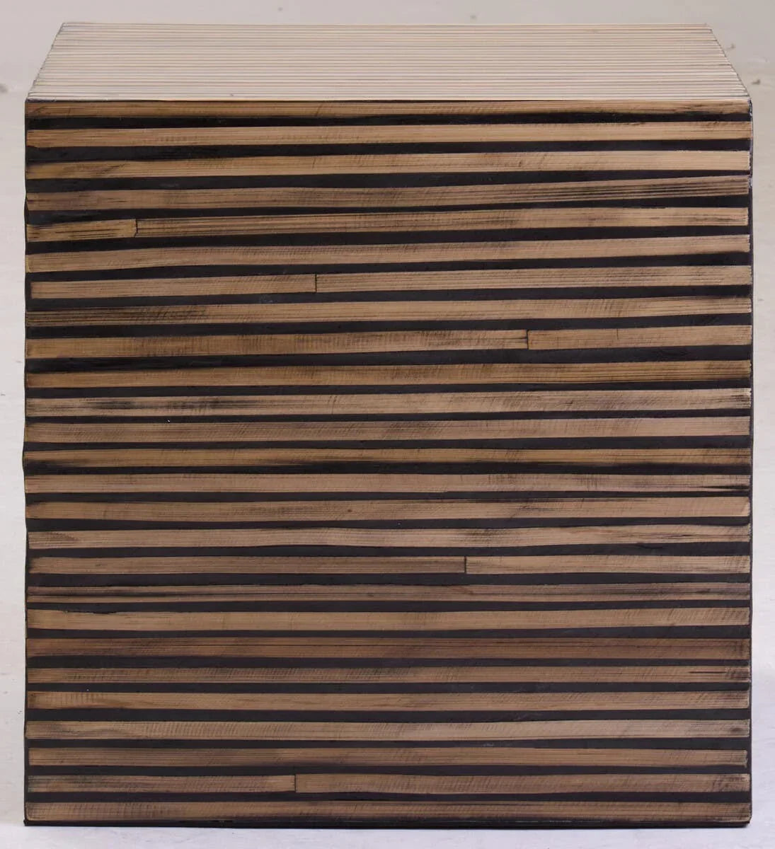 Square wooden side table with horizontal striped pattern, front view