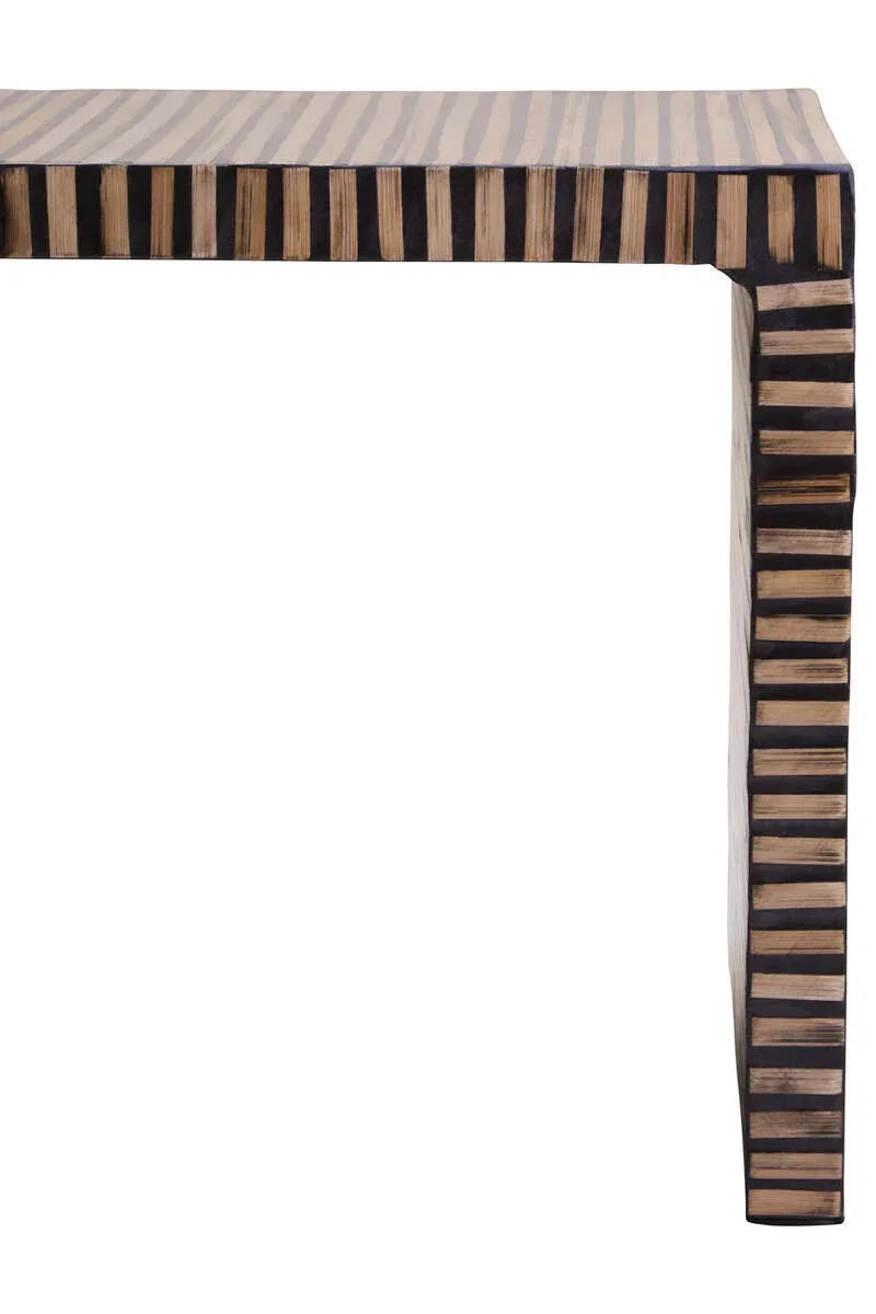 Striped black and natural wood console table with rectangular top and straight leg view