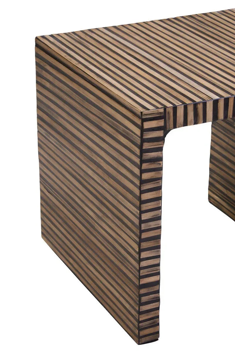 Rectangular wood console table with striped veneer pattern and modern design