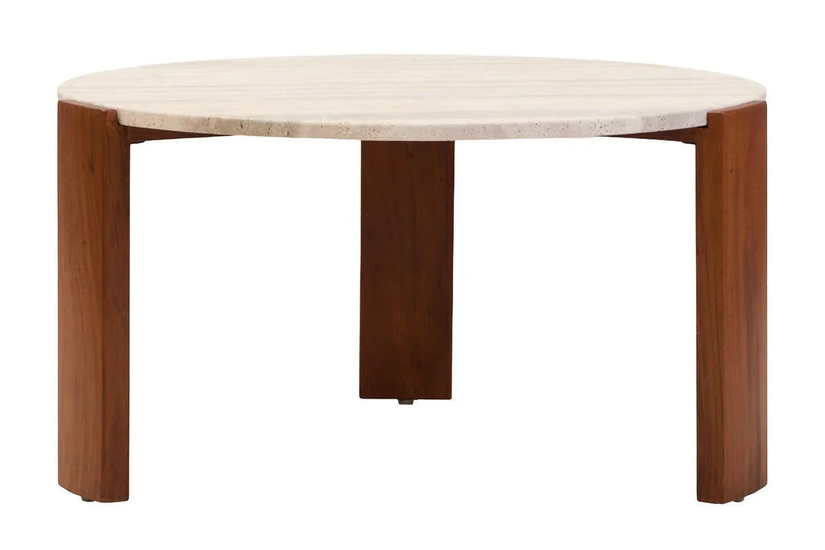 Round dining table with light stone top and wooden legs, front angle view
