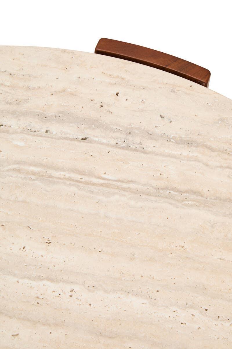 Travertine coffee table top with visible natural stone texture and wood accent detail
