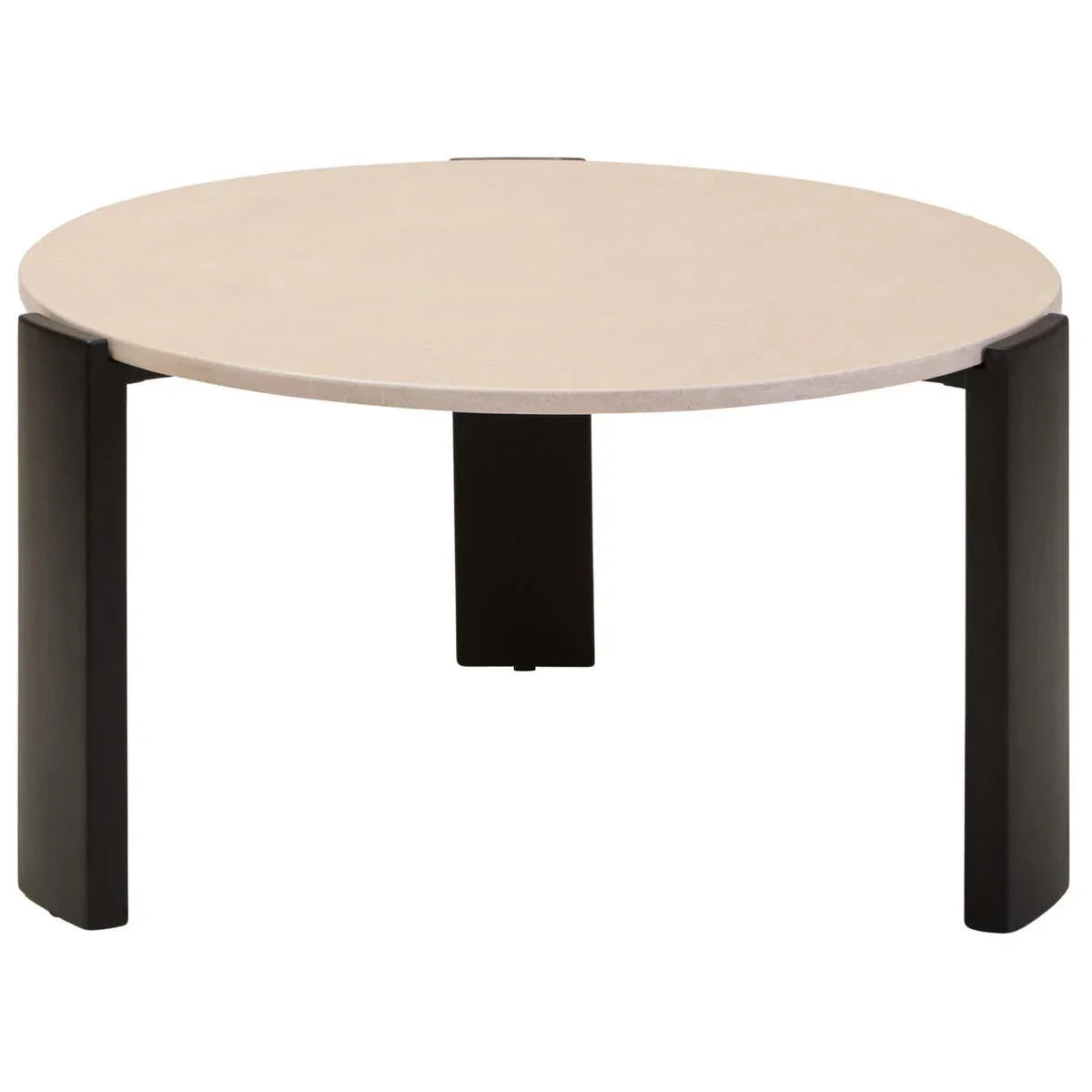 Round coffee table with light stone top and black metal legs