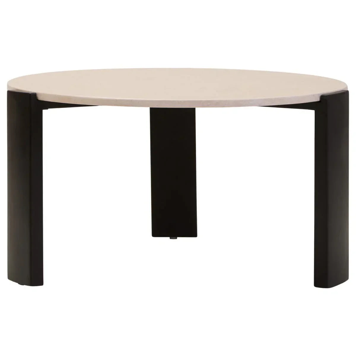 Round coffee table with light wood top and black angular legs, front view