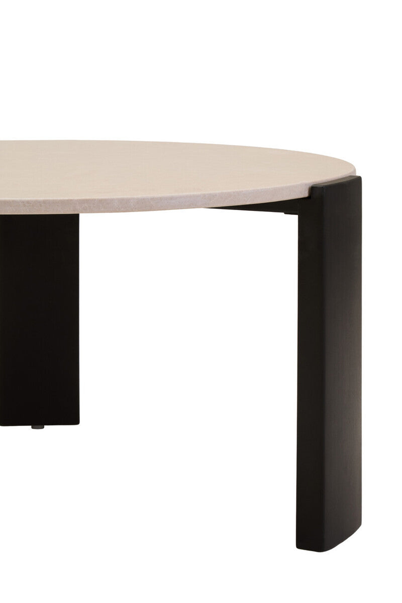 Round coffee table featuring a cream marble top with a smooth finish, supported by sleek black acacia wood legs.