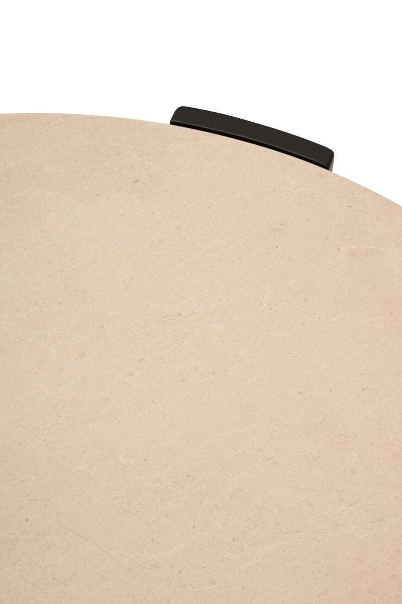 Beige marble tabletop with visible grain and black edge accent
