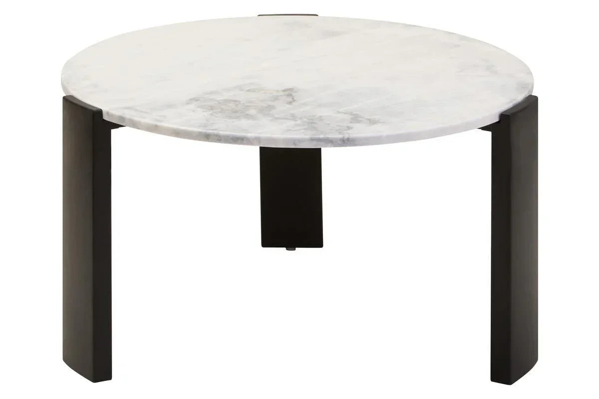 Round marble coffee table with black metal legs, modern design, front angle view