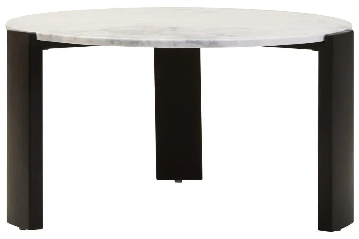 Round marble coffee table with black legs, modern minimalist design