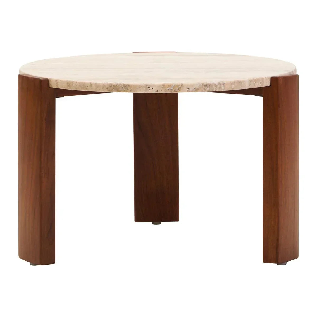 Round marble top coffee table with three wooden legs, viewed from the front
