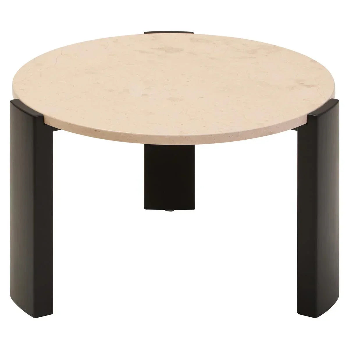 Round coffee table with beige stone top and black metal legs, front angle view